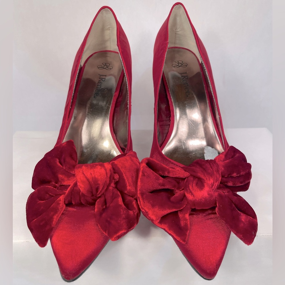 Red Satin Pointed-Toe Heels with Bow Detail